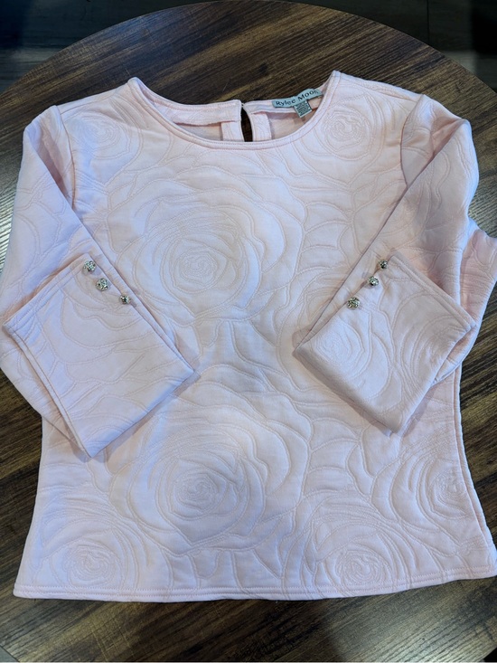 None Tops - Rylee Moda Pink Rose-Embossed Jewel-Sleeve Sweatshirt